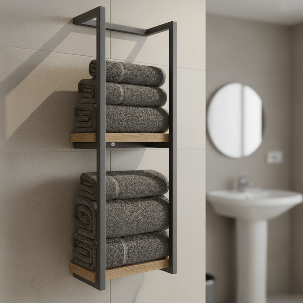 Corsica Frame Towel Rack – Freestanding Bathroom Storage Shelf Black Metal Wood Organizer