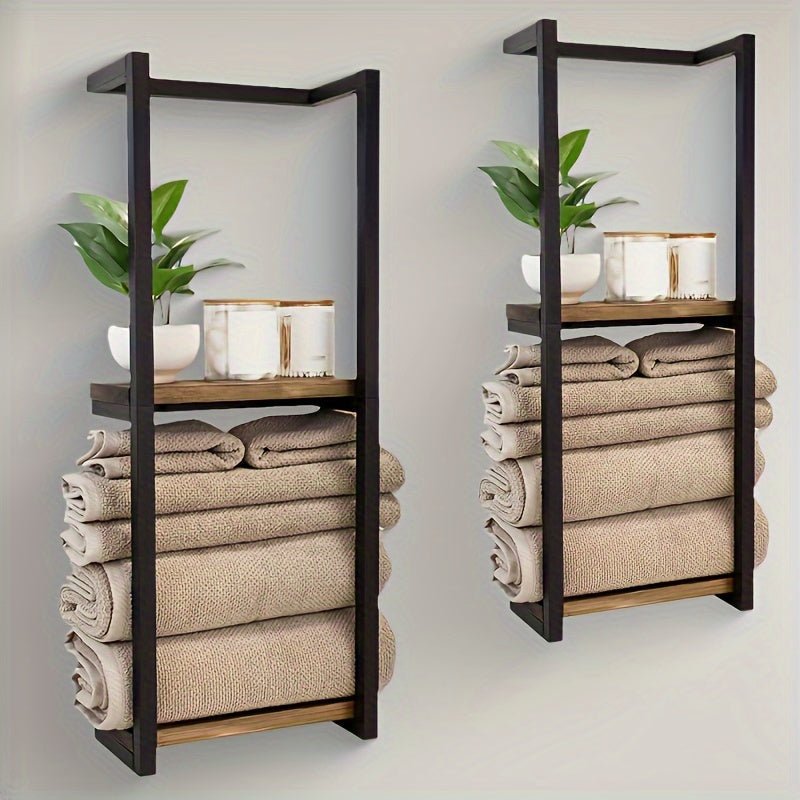 Corsica Frame Towel Rack – Freestanding Bathroom Storage Shelf Black Metal Wood Organizer