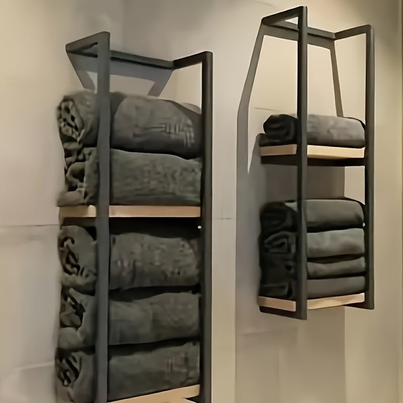 Corsica Frame Towel Rack – Freestanding Bathroom Storage Shelf Black Metal Wood Organizer