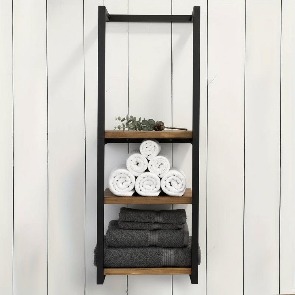 Corsica Frame Towel Rack – Freestanding Bathroom Storage Shelf Black Metal Wood Organizer