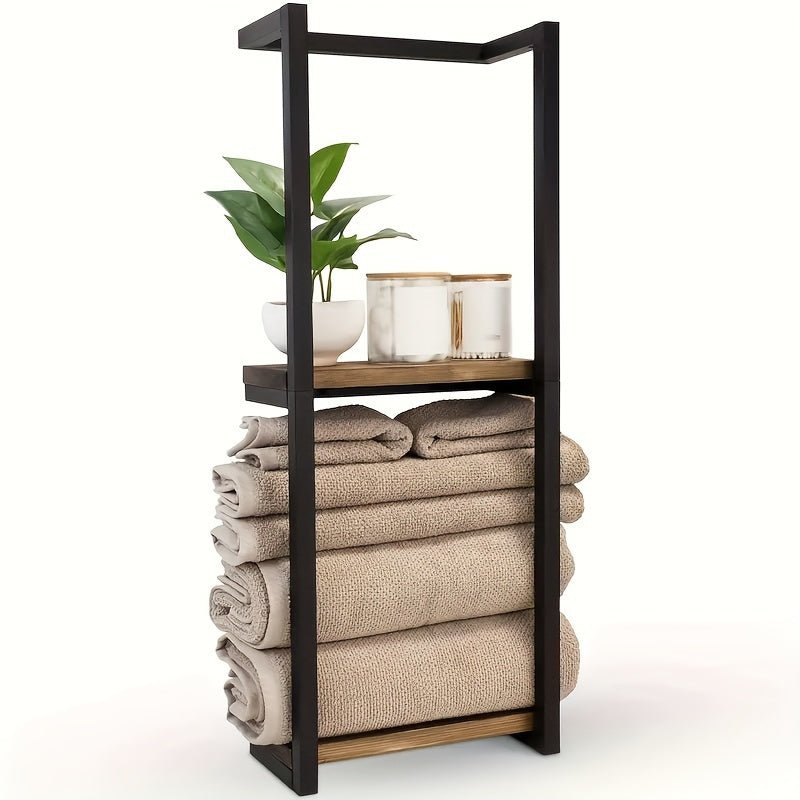 Corsica Frame Towel Rack – Freestanding Bathroom Storage Shelf Black Metal Wood Organizer
