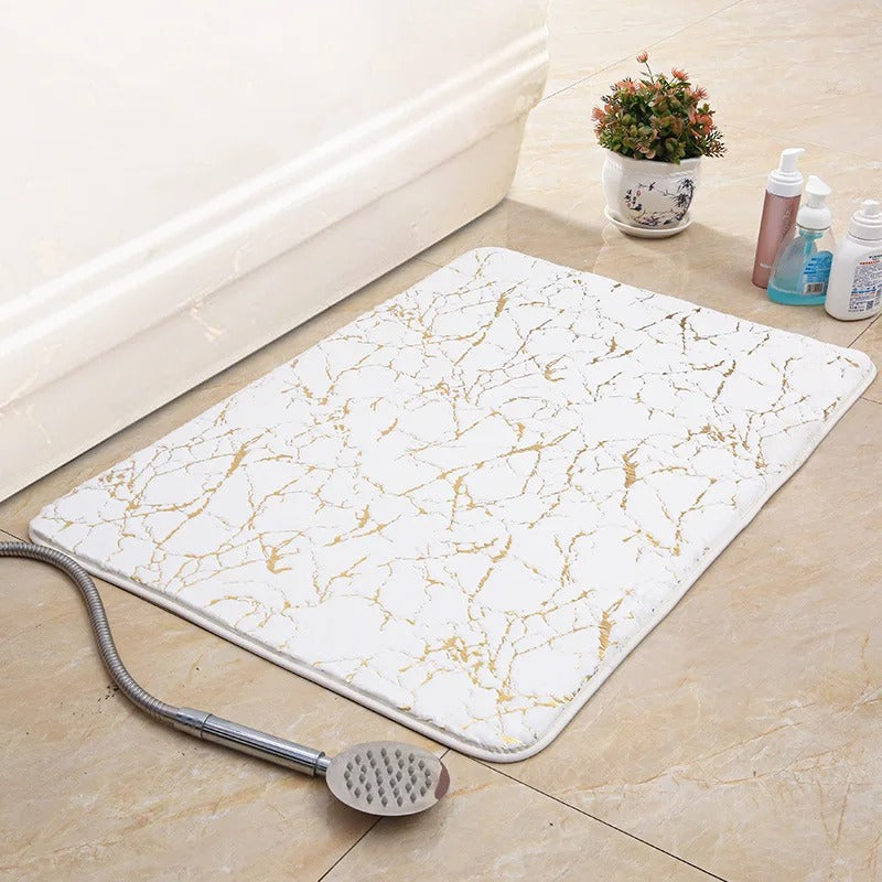 Veinara Marble Bath Mat – White Gold Crackle Pattern Non-Slip Bathroom Rug Soft Absorbent Memory Foam