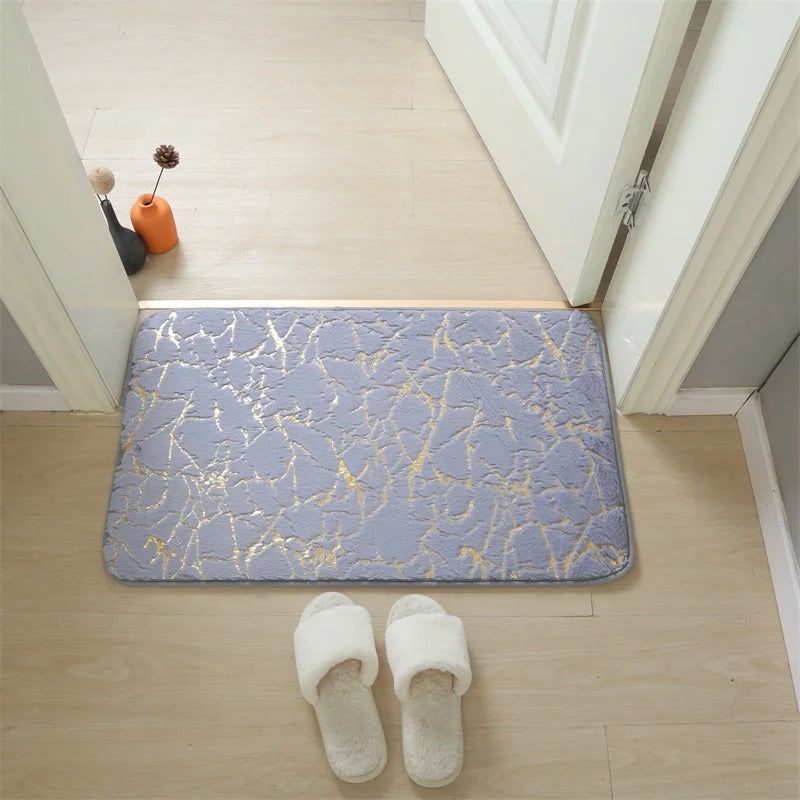Veinara Marble Bath Mat – White Gold Crackle Pattern Non-Slip Bathroom Rug Soft Absorbent Memory Foam