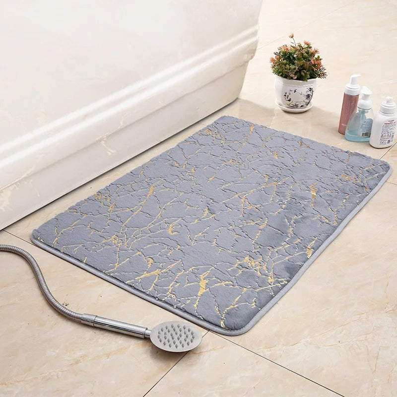 Veinara Marble Bath Mat – White Gold Crackle Pattern Non-Slip Bathroom Rug Soft Absorbent Memory Foam