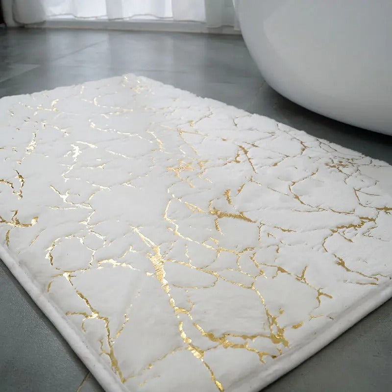 Veinara Marble Bath Mat – White Gold Crackle Pattern Non-Slip Bathroom Rug Soft Absorbent Memory Foam