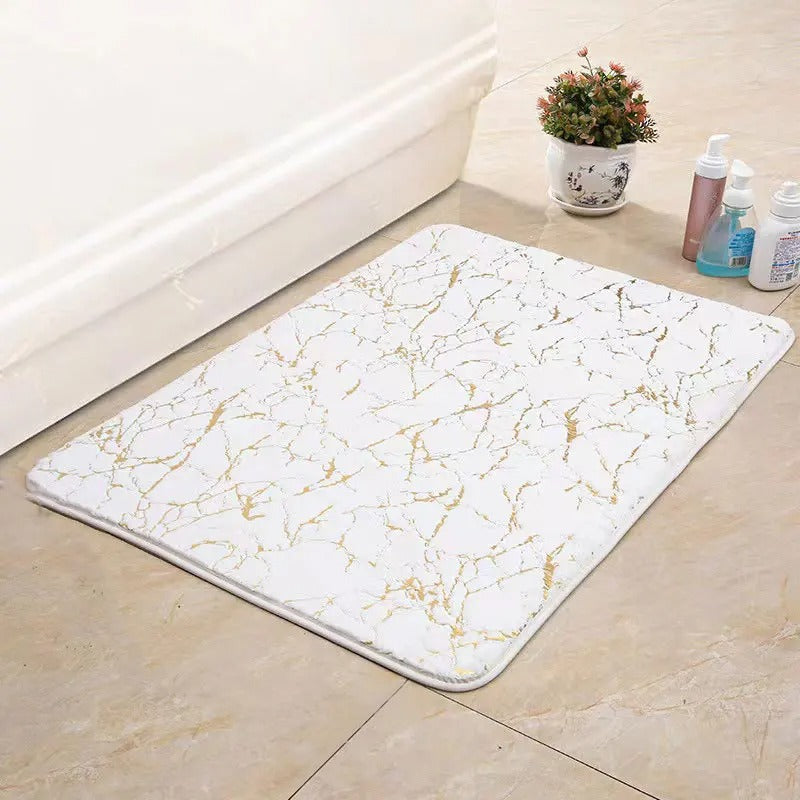 Veinara Marble Bath Mat – White Gold Crackle Pattern Non-Slip Bathroom Rug Soft Absorbent Memory Foam