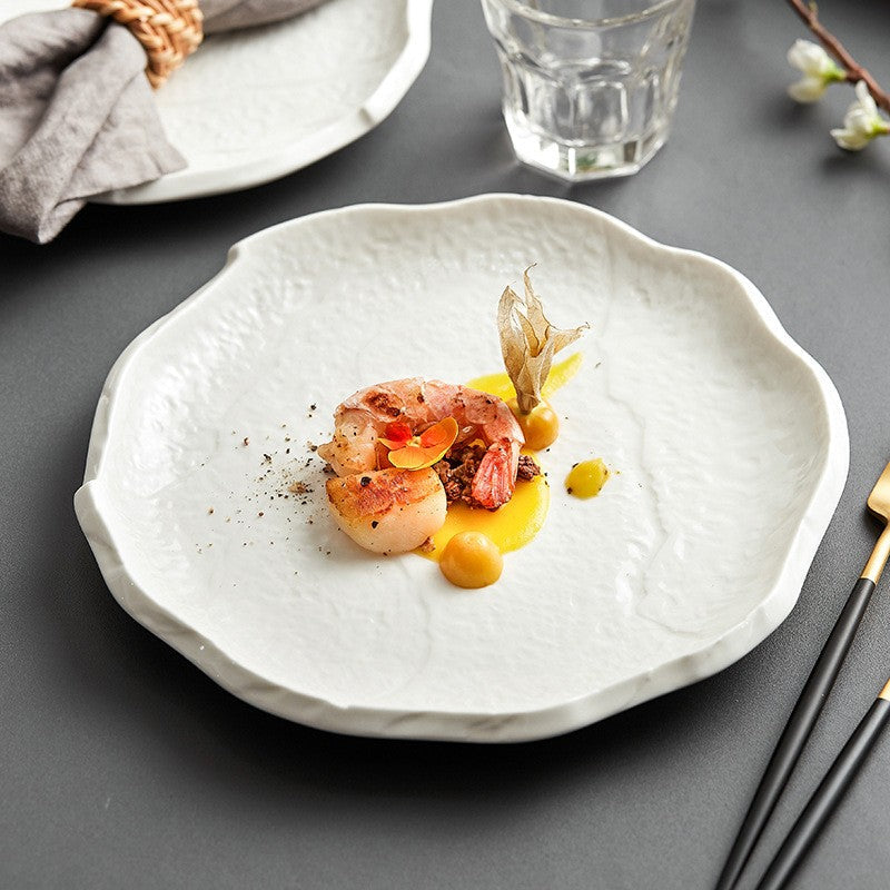 Florens Wave Ceramic Dinner Plate – White Embossed Botanical Decorative Serving Dish Kitchen Dining