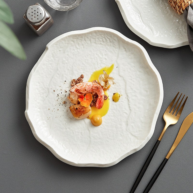 Florens Wave Ceramic Dinner Plate – White Embossed Botanical Decorative Serving Dish Kitchen Dining