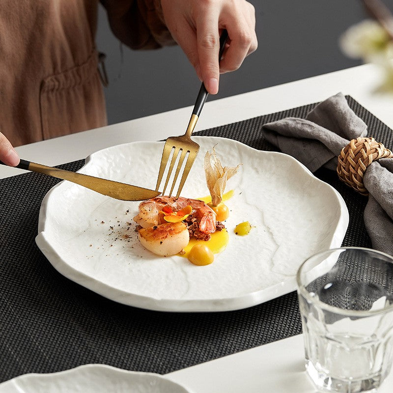 Florens Wave Ceramic Dinner Plate – White Embossed Botanical Decorative Serving Dish Kitchen Dining
