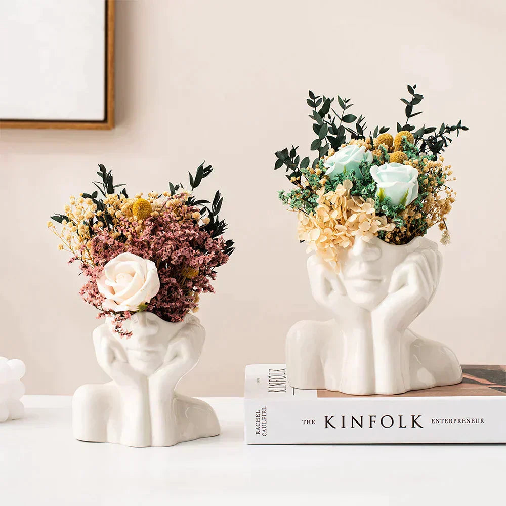 Estelle Hand Vase – White Ceramic Decorative Face Planter Modern Home Decor Living Room Bedroom