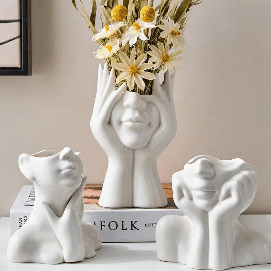 Estelle Hand Vase – White Ceramic Decorative Face Planter Modern Home Decor Living Room Bedroom