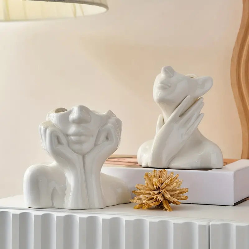 Estelle Hand Vase – White Ceramic Decorative Face Planter Modern Home Decor Living Room Bedroom