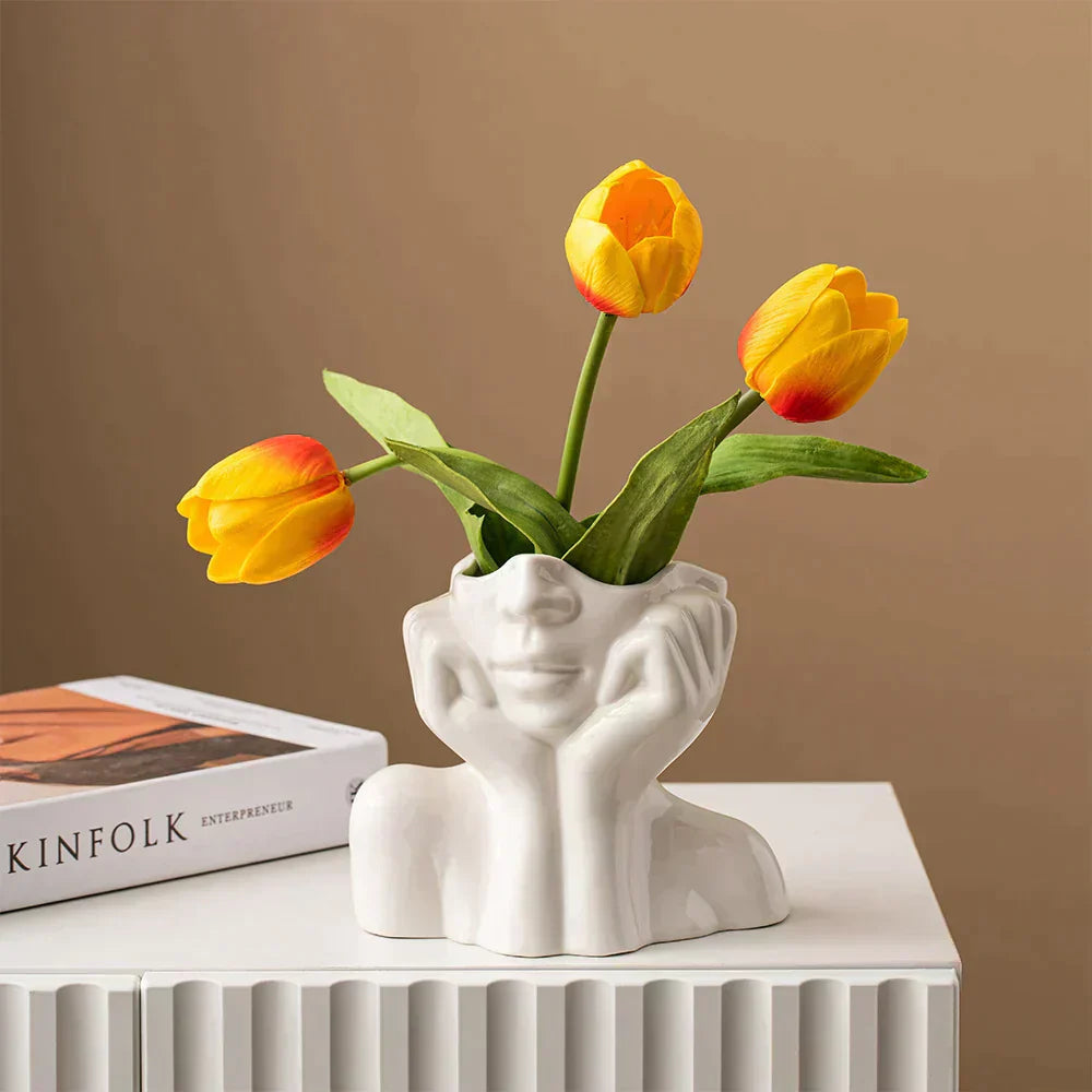 Estelle Hand Vase – White Ceramic Decorative Face Planter Modern Home Decor Living Room Bedroom