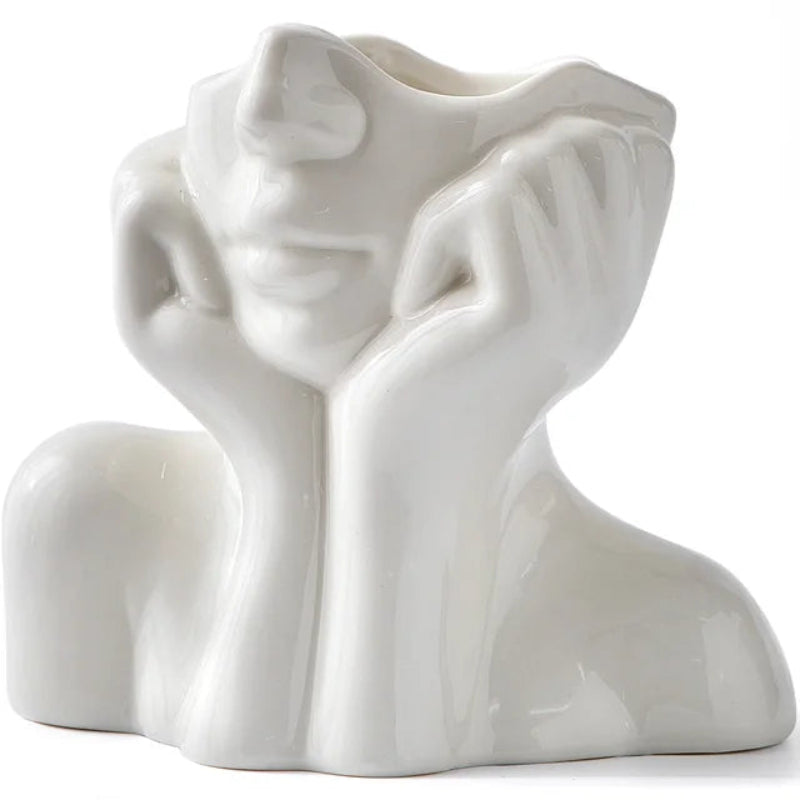 Estelle Hand Vase – White Ceramic Decorative Face Planter Modern Home Decor Living Room Bedroom