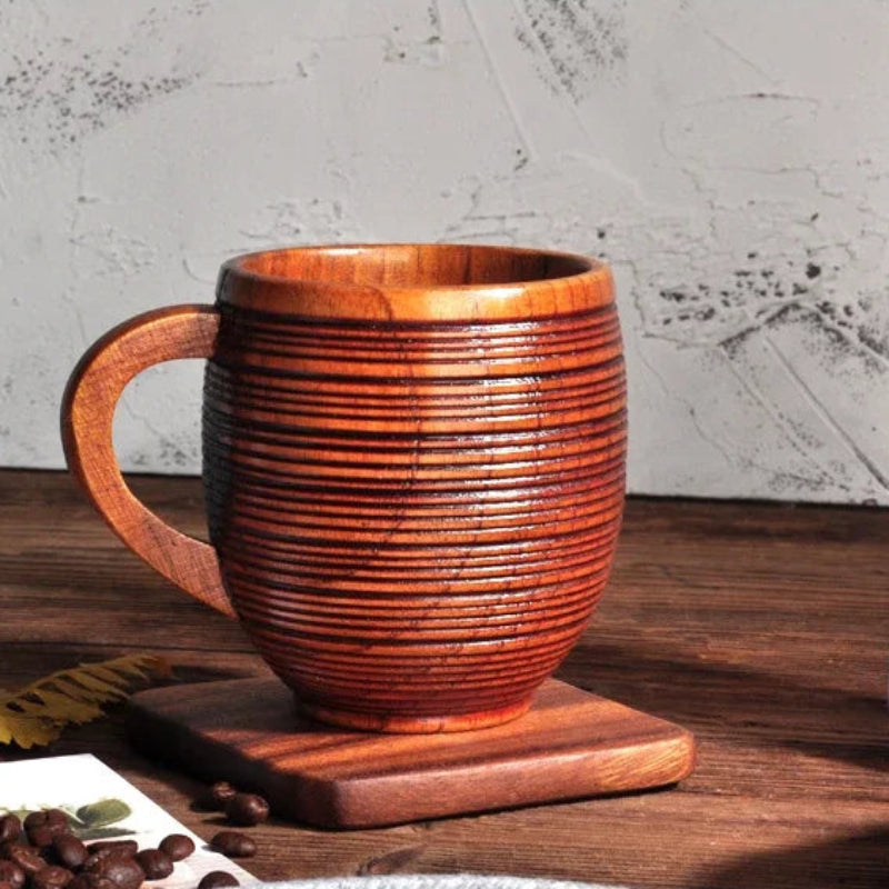 Stratum Barrel Mug – Handcrafted Wood Drinking Cup Natural Grain Texture Ergonomic Handle Coffee Tea