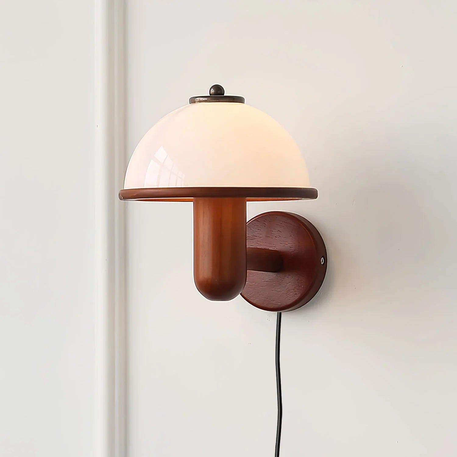 Retro Mushroom Wood Wall Lamp – Vintage Glass Shade Bedside Light