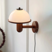 Retro Mushroom Wood Wall Lamp – Vintage Glass Shade Bedside Light