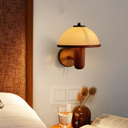 Retro Mushroom Wood Wall Lamp – Vintage Glass Shade Bedside Light