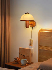 Retro Mushroom Wood Wall Lamp – Vintage Glass Shade Bedside Light