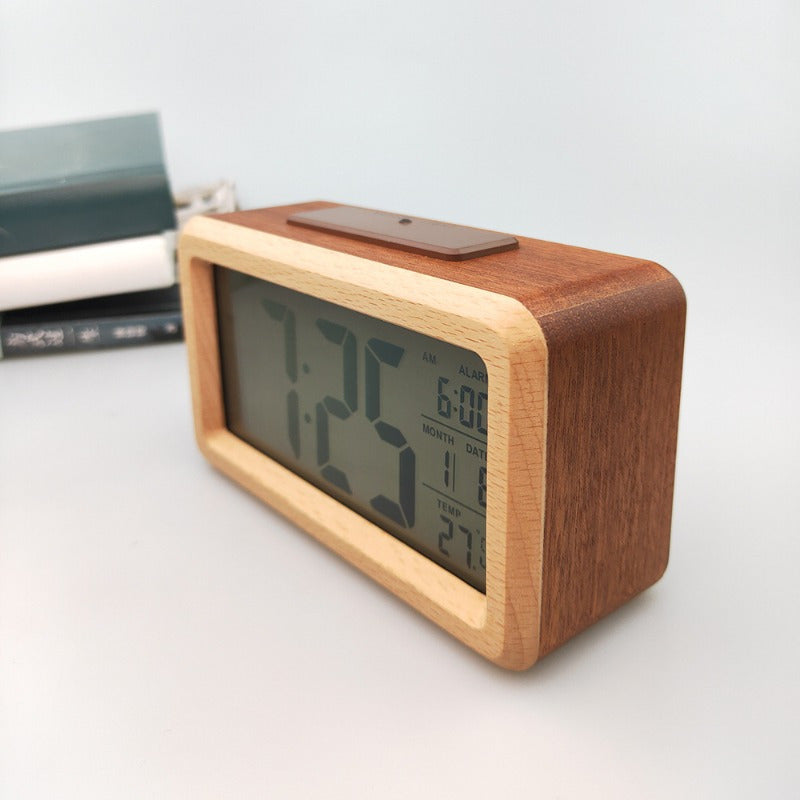 Grenwood Digital Alarm Clock – Wood Frame LCD Display Temperature Calendar Bedroom Nightstand