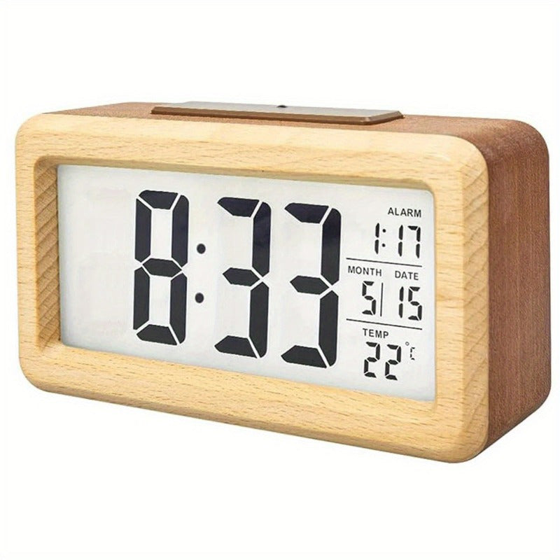 Grenwood Digital Alarm Clock – Wood Frame LCD Display Temperature Calendar Bedroom Nightstand
