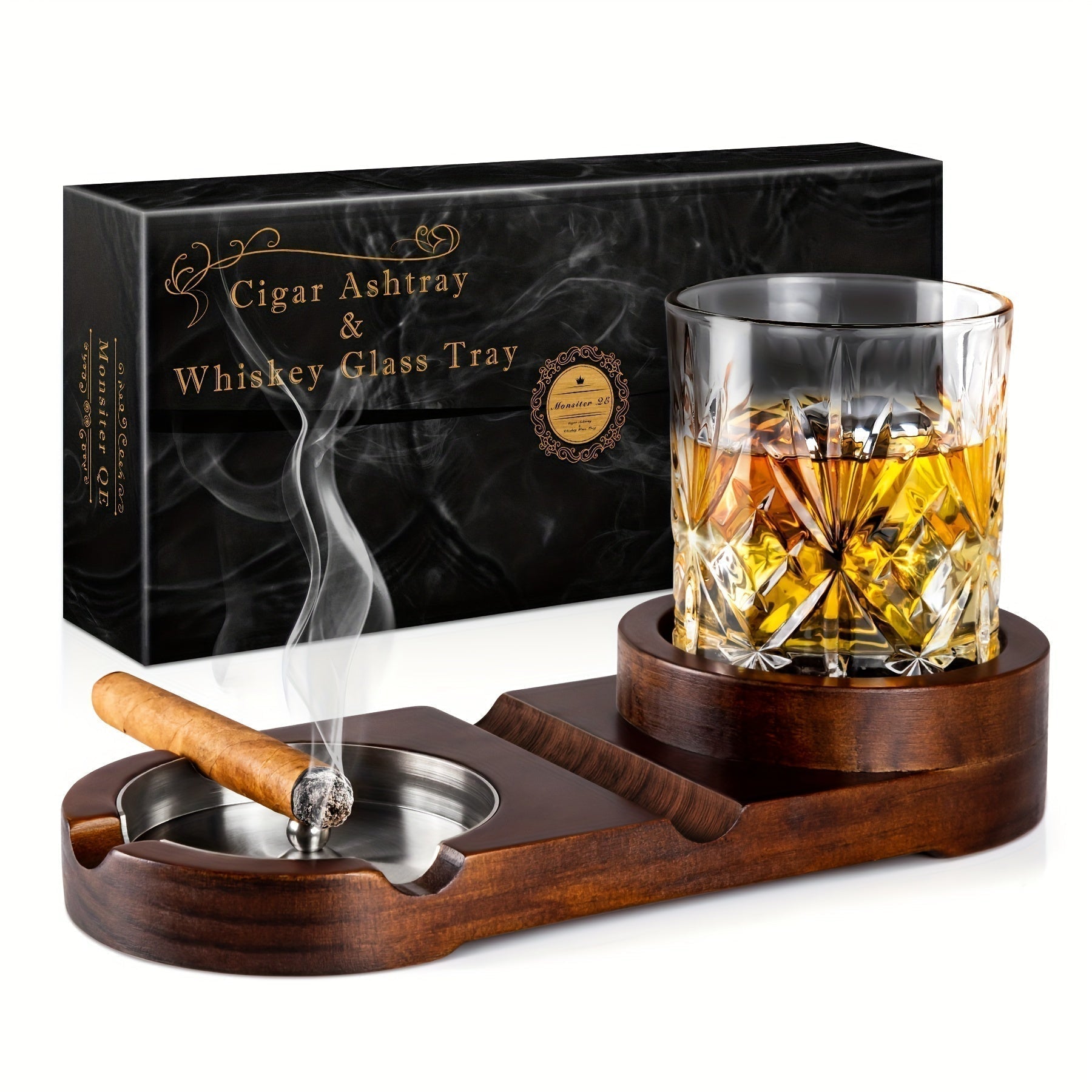 Valdero Cigar Ashtray Set – Walnut Wood Crystal Glass Whiskey Holder Luxury Smoking Accessories Gift