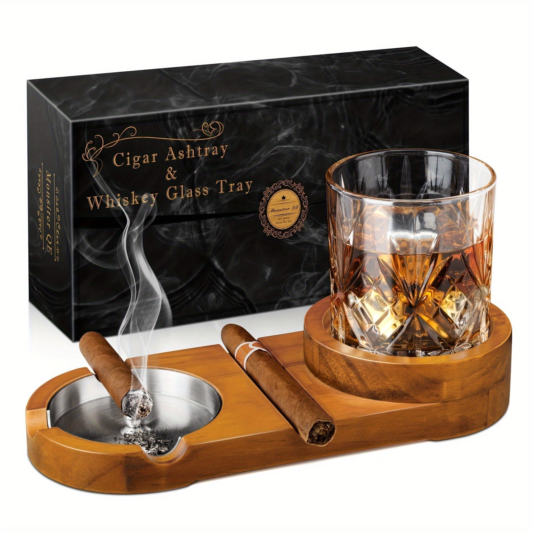 Valdero Cigar Ashtray Set – Walnut Wood Crystal Glass Whiskey Holder Luxury Smoking Accessories Gift