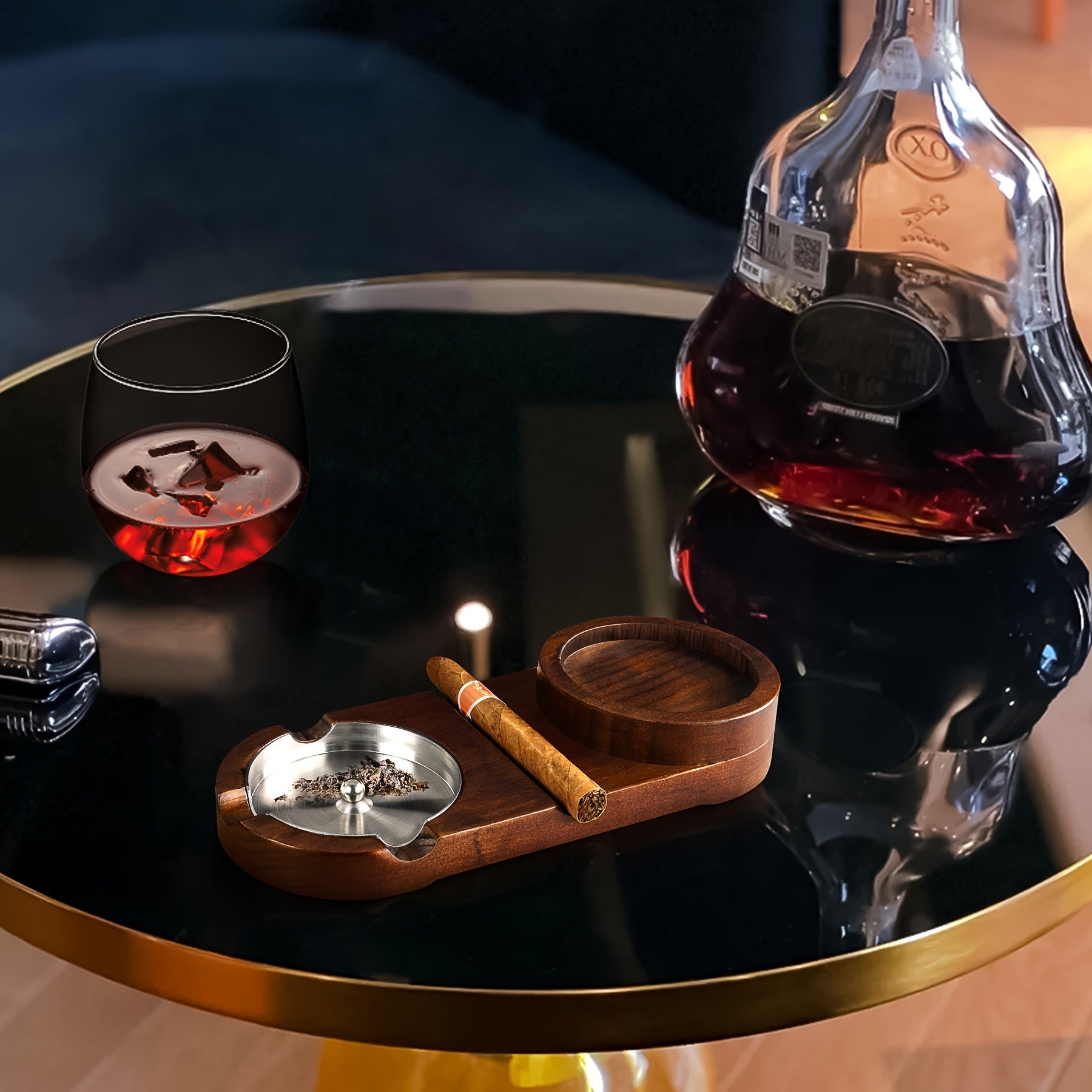Valdero Cigar Ashtray Set – Walnut Wood Crystal Glass Whiskey Holder Luxury Smoking Accessories Gift