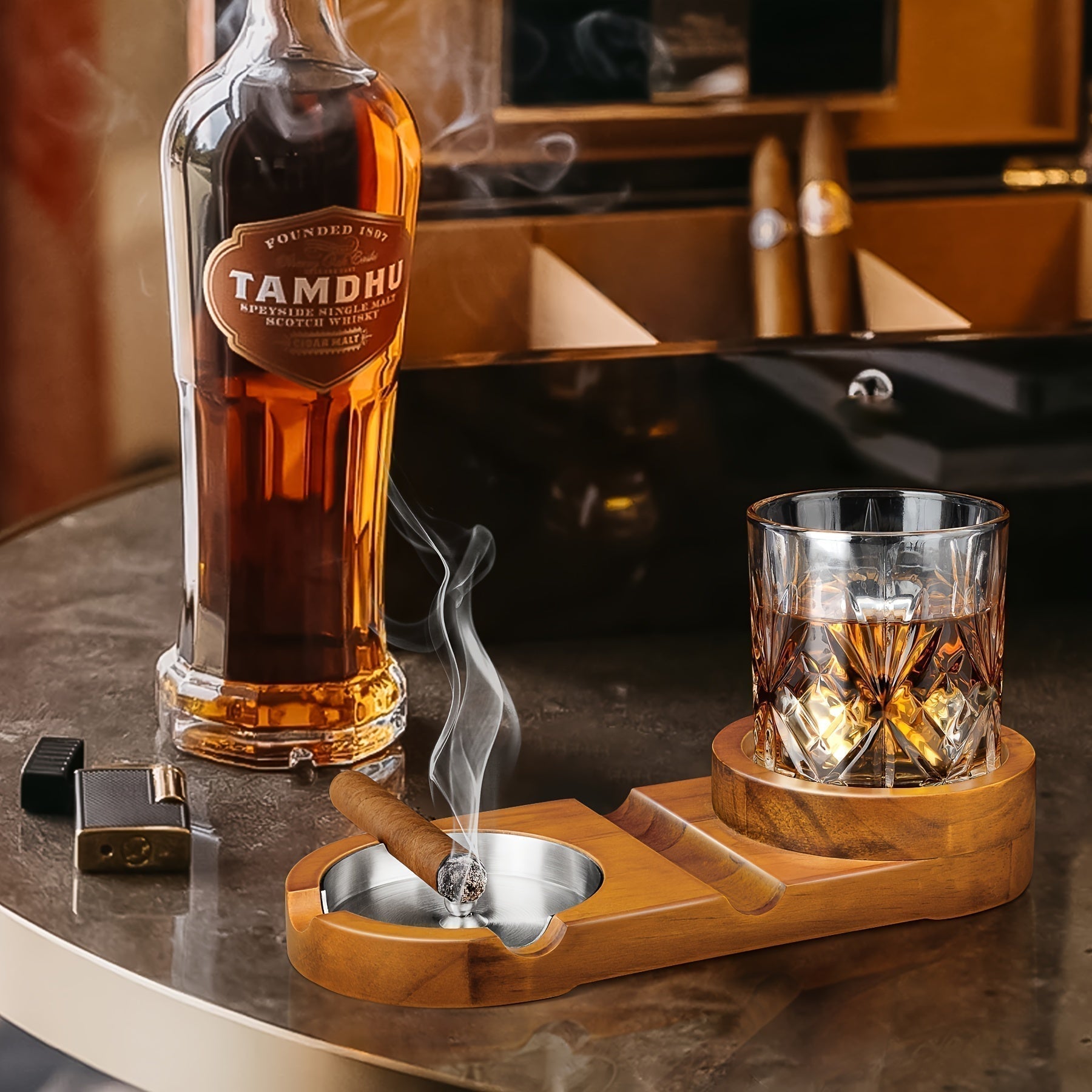 Valdero Cigar Ashtray Set – Walnut Wood Crystal Glass Whiskey Holder Luxury Smoking Accessories Gift