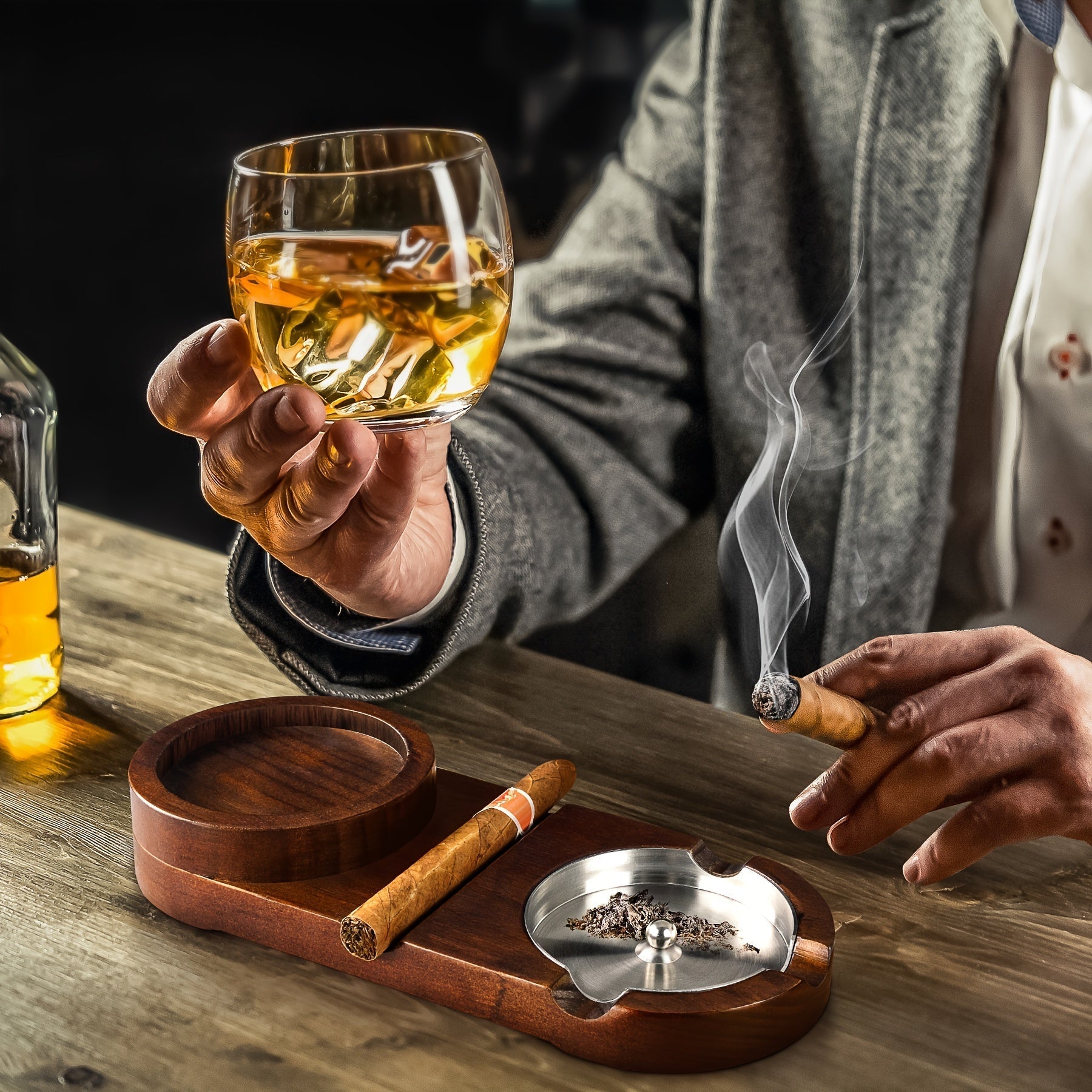 Valdero Cigar Ashtray Set – Walnut Wood Crystal Glass Whiskey Holder Luxury Smoking Accessories Gift