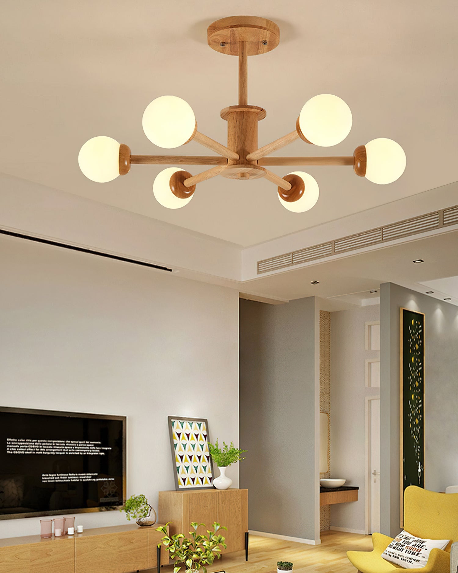 Wooden Globe Ceiling Light – Modern Multi-Arm LED Fixture
