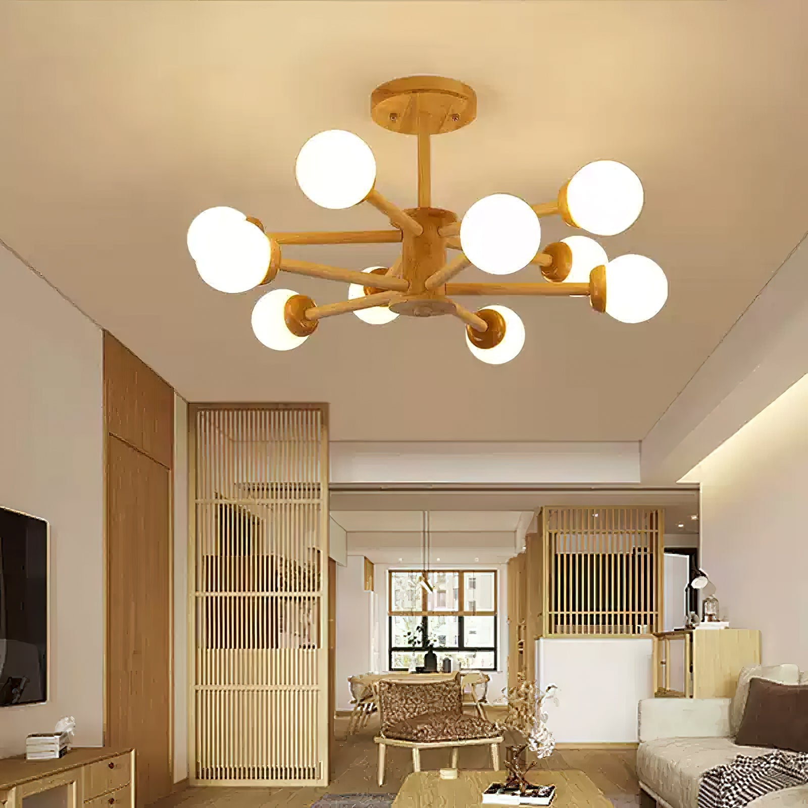 Wooden Globe Ceiling Light – Modern Multi-Arm LED Fixture
