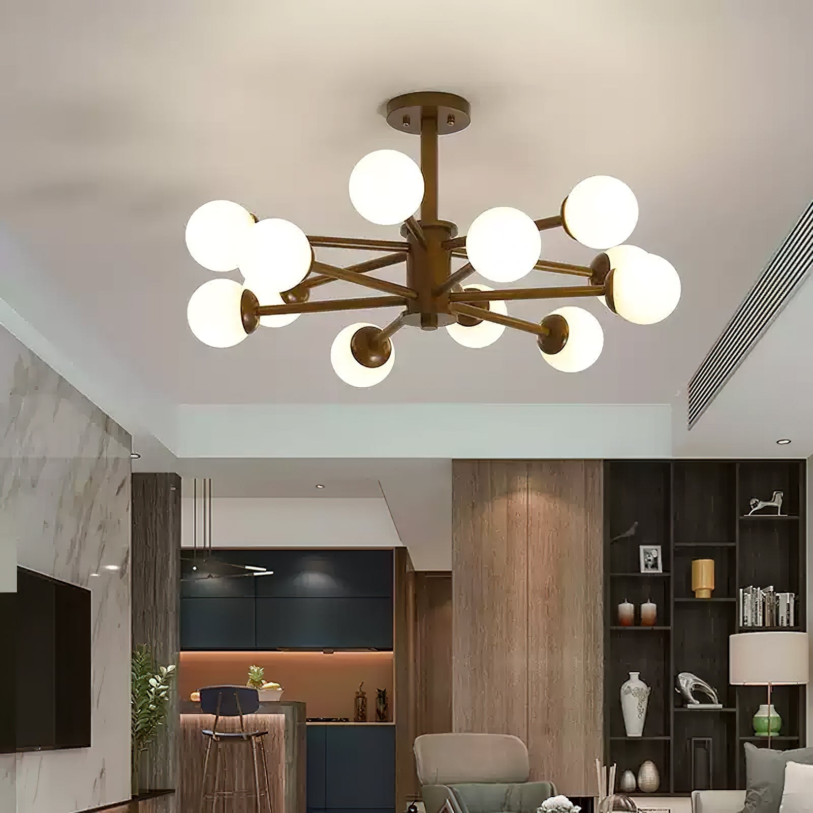 Wooden Globe Ceiling Light – Modern Multi-Arm LED Fixture