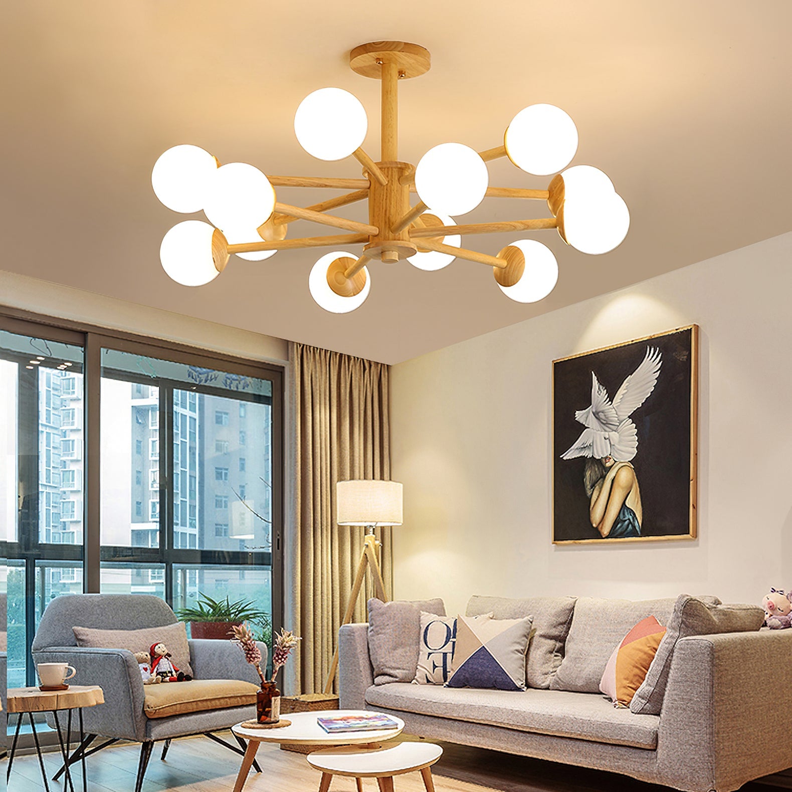 Wooden Globe Ceiling Light – Modern Multi-Arm LED Fixture