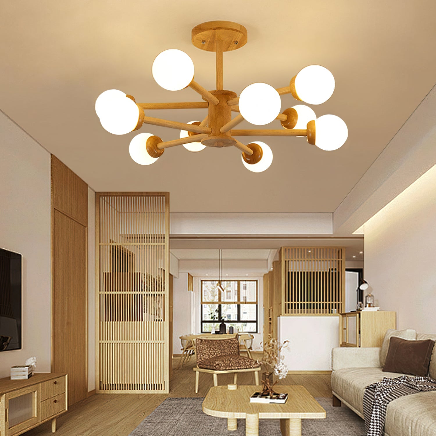 Wooden Globe Ceiling Light – Modern Multi-Arm LED Fixture