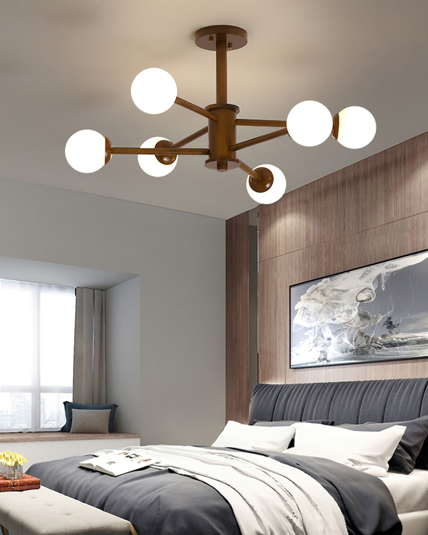 Wooden Globe Ceiling Light – Modern Multi-Arm LED Fixture