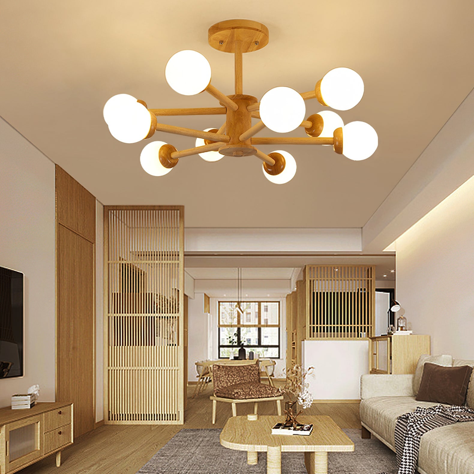 Wooden Globe Ceiling Light – Modern Multi-Arm LED Fixture