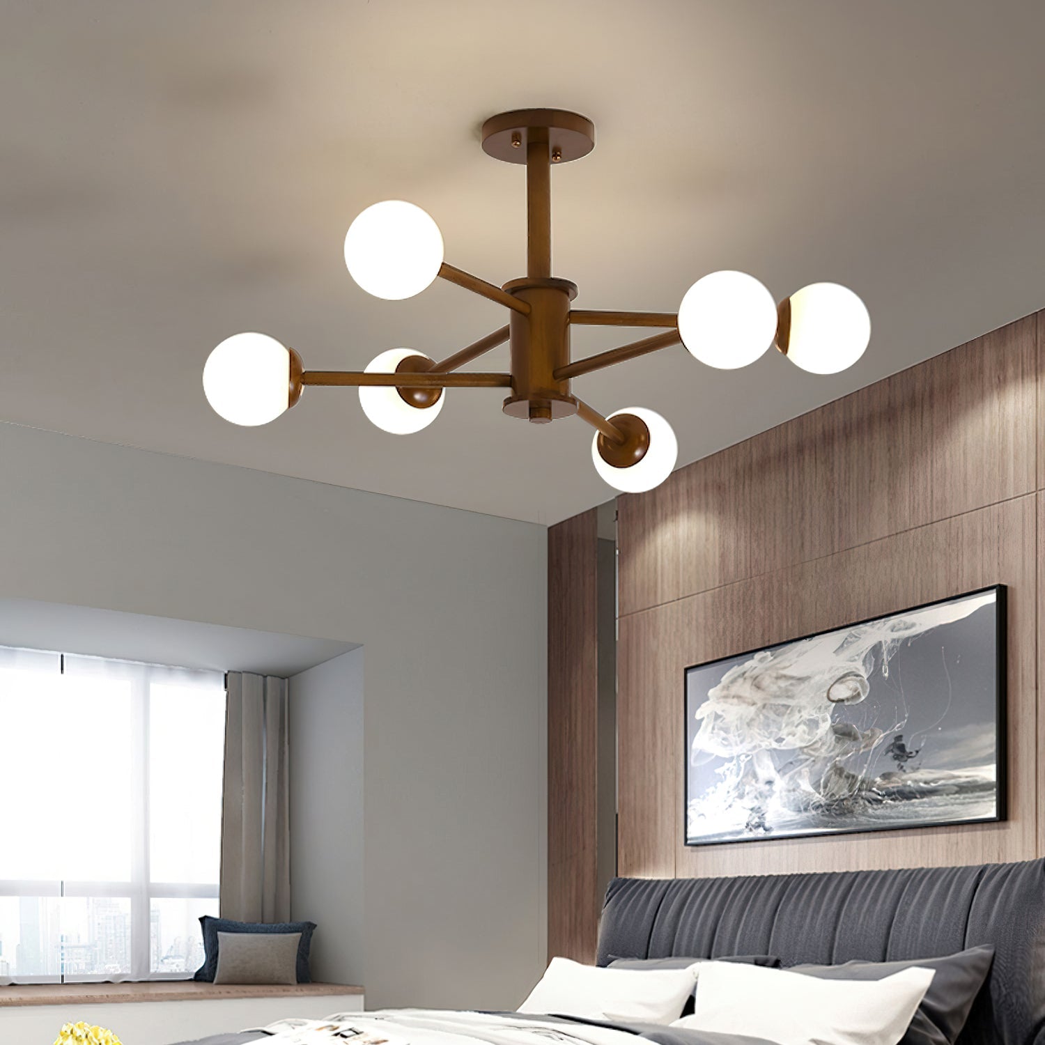 Wooden Globe Ceiling Light – Modern Multi-Arm LED Fixture