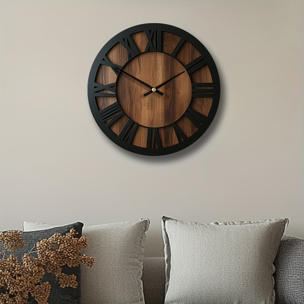 Tivoro Roman Wall Clock – Round Wood Metal Rustic Farmhouse Living Room Bedroom Silent Decorative
