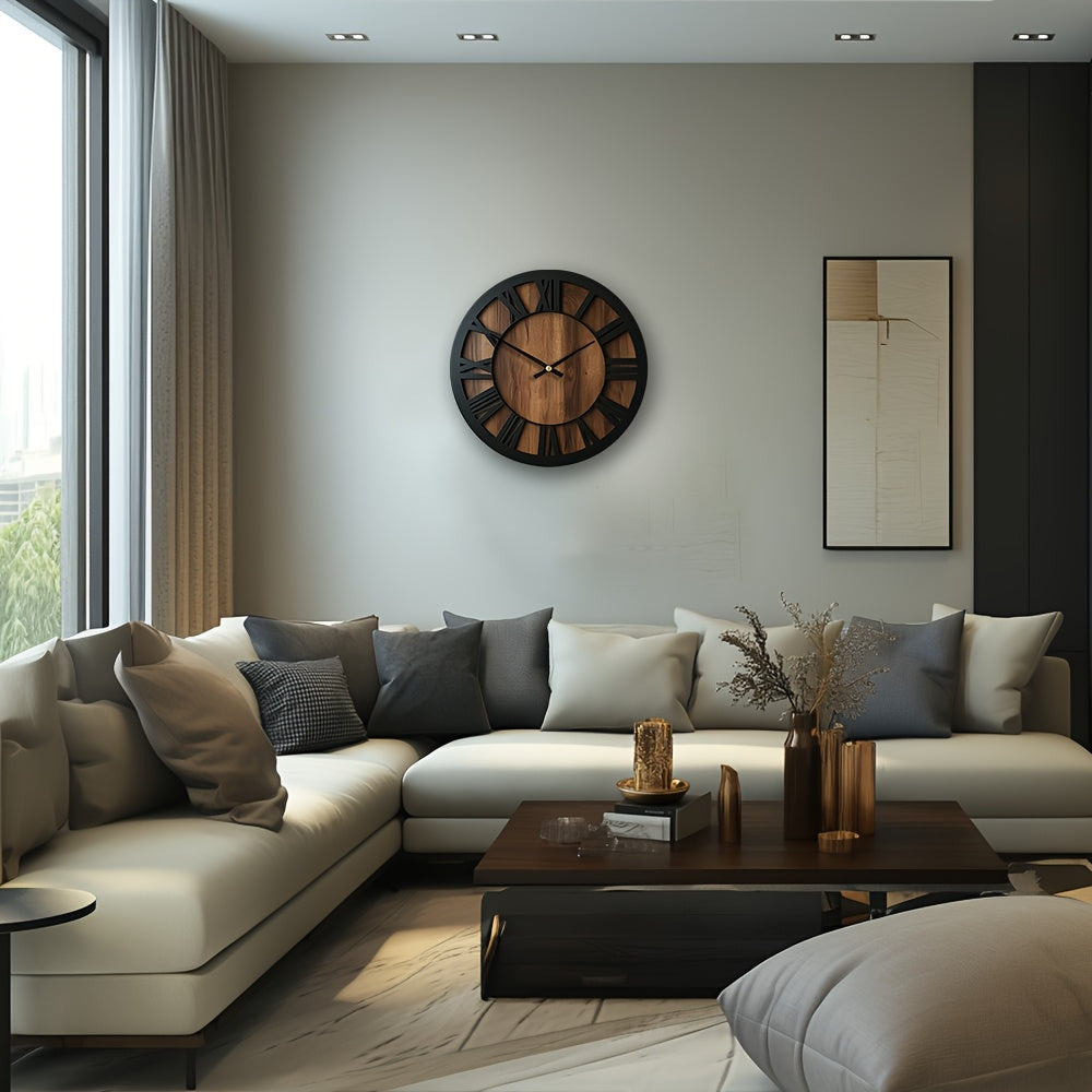 Tivoro Roman Wall Clock – Round Wood Metal Rustic Farmhouse Living Room Bedroom Silent Decorative