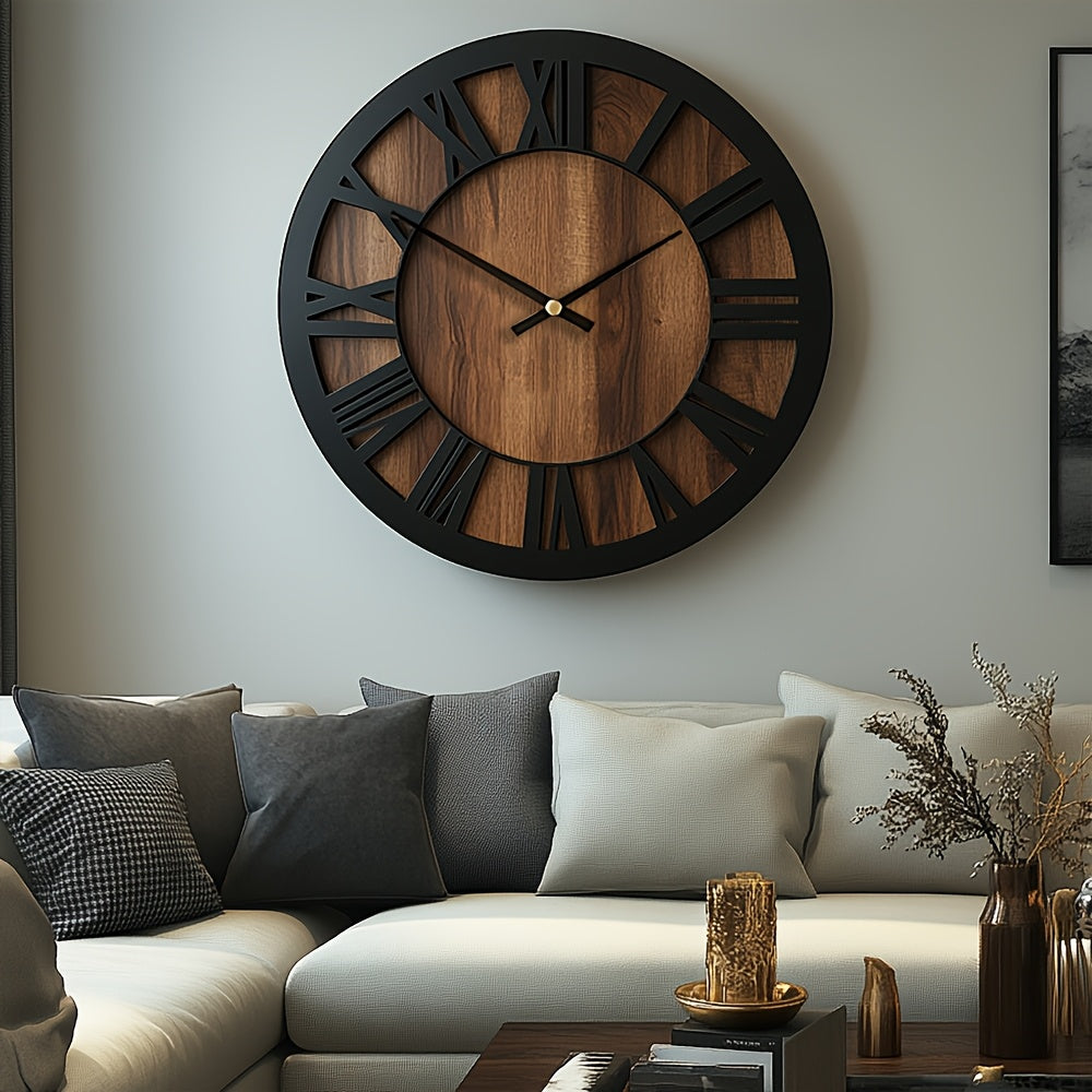 Ferrus Roman Wall Clock – Large Round Rustic Wood Black Metal Skeleton Farmhouse Silent Living Room