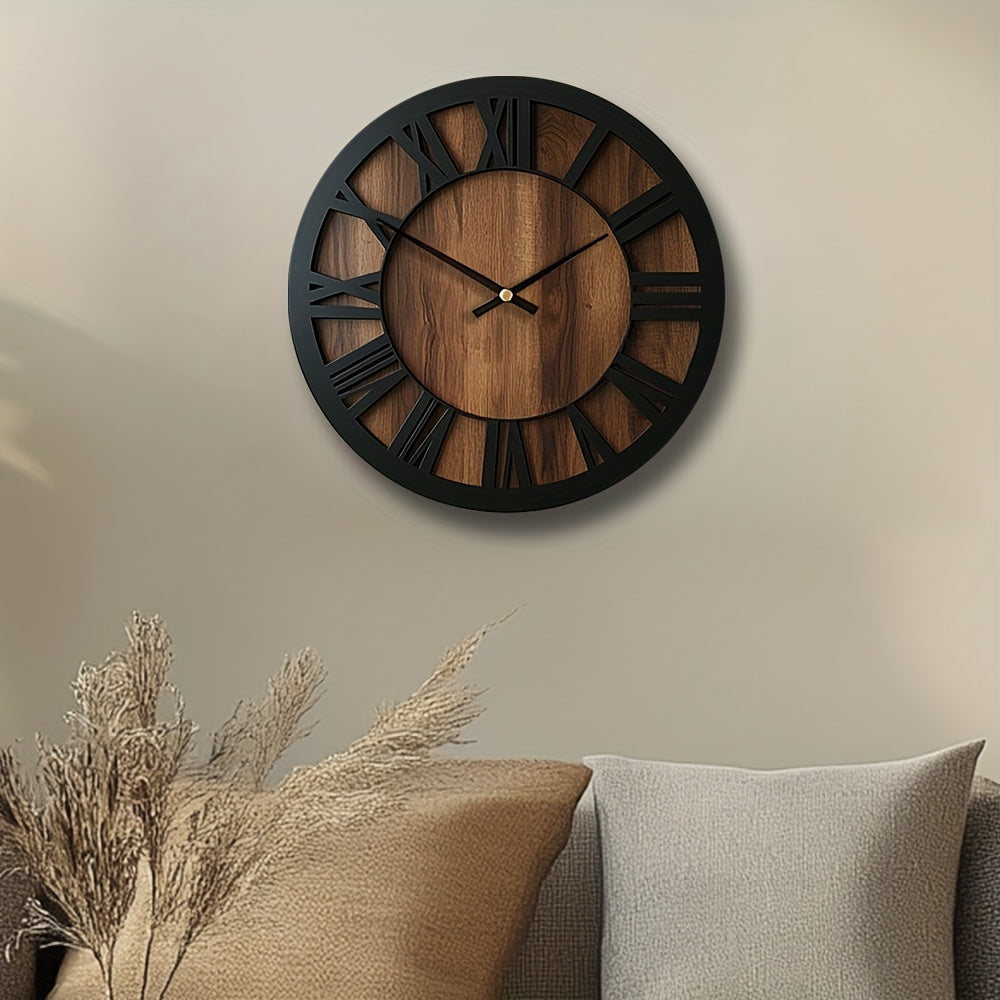 Ferrus Roman Wall Clock – Large Round Rustic Wood Black Metal Skeleton Farmhouse Silent Living Room
