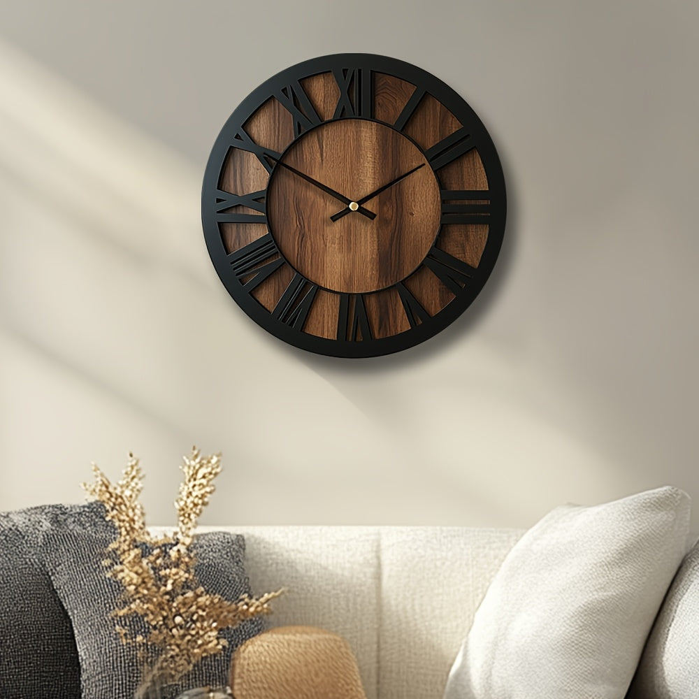 Ferrus Roman Wall Clock – Large Round Rustic Wood Black Metal Skeleton Farmhouse Silent Living Room