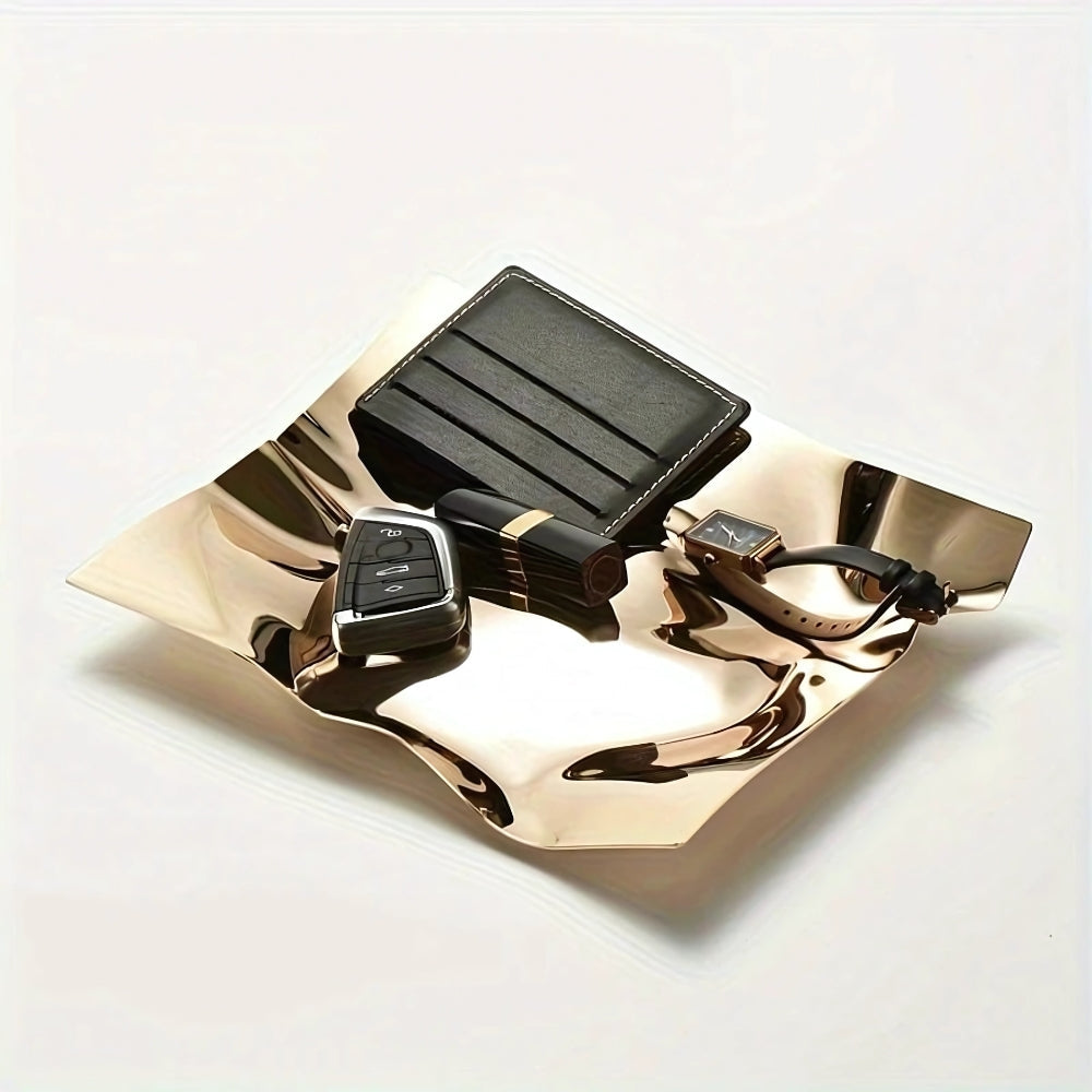 Vespra Wave Display Tray – Decorative Gold Metal Catchall Organizer Entryway Bedroom Vanity Storage