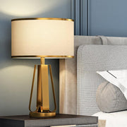 Brushed Gold Metal Table Lamp – Modern Fabric Shade Bedroom Light