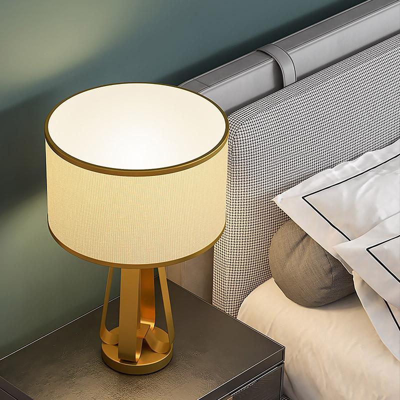 Brushed Gold Metal Table Lamp – Modern Fabric Shade Bedroom Light