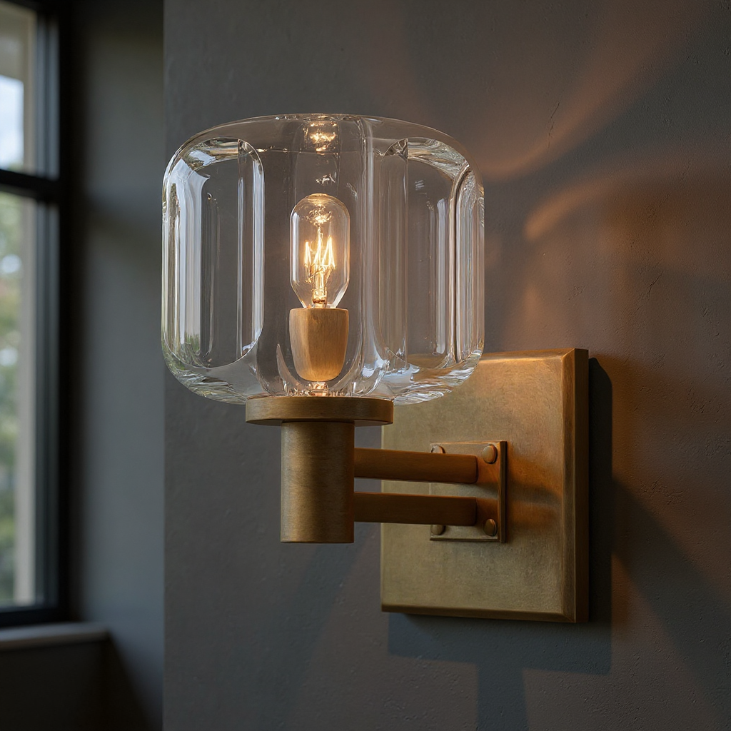 Orion Sculpted Glass Wall Lamp - Brass Clear Glass Wall Light Fixture