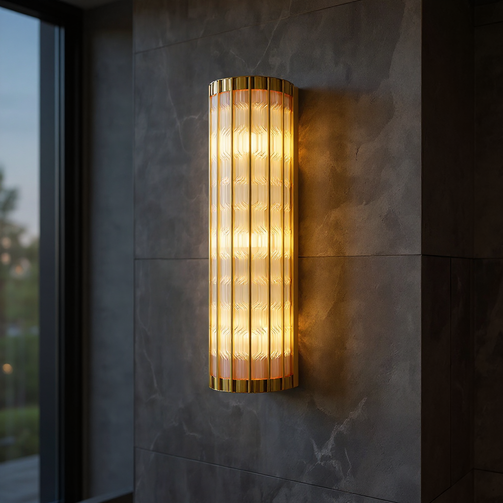 Aurelius Fluted Crystal Wall Lamp  – Cylindrical Glass Brass Interior Wall Lighting Fixture