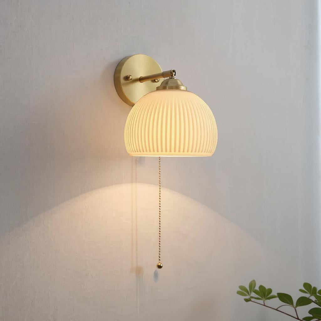 Brass Ribbed Glass Wall Lamp  – Textured Dome Pull-Chain Switch