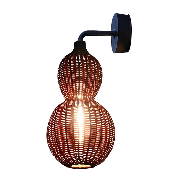 Handwoven Rattan Sconce Light – Bohemian Gourd Outdoor Indoor Fixture with Warm Ambient Glow